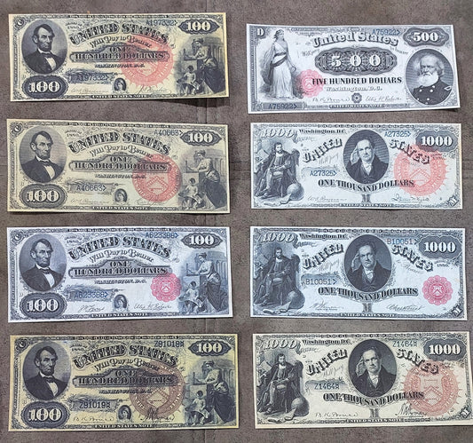 Reprint on paper with W/M United States banknotes 20-1000$ 1880 Different Seals!