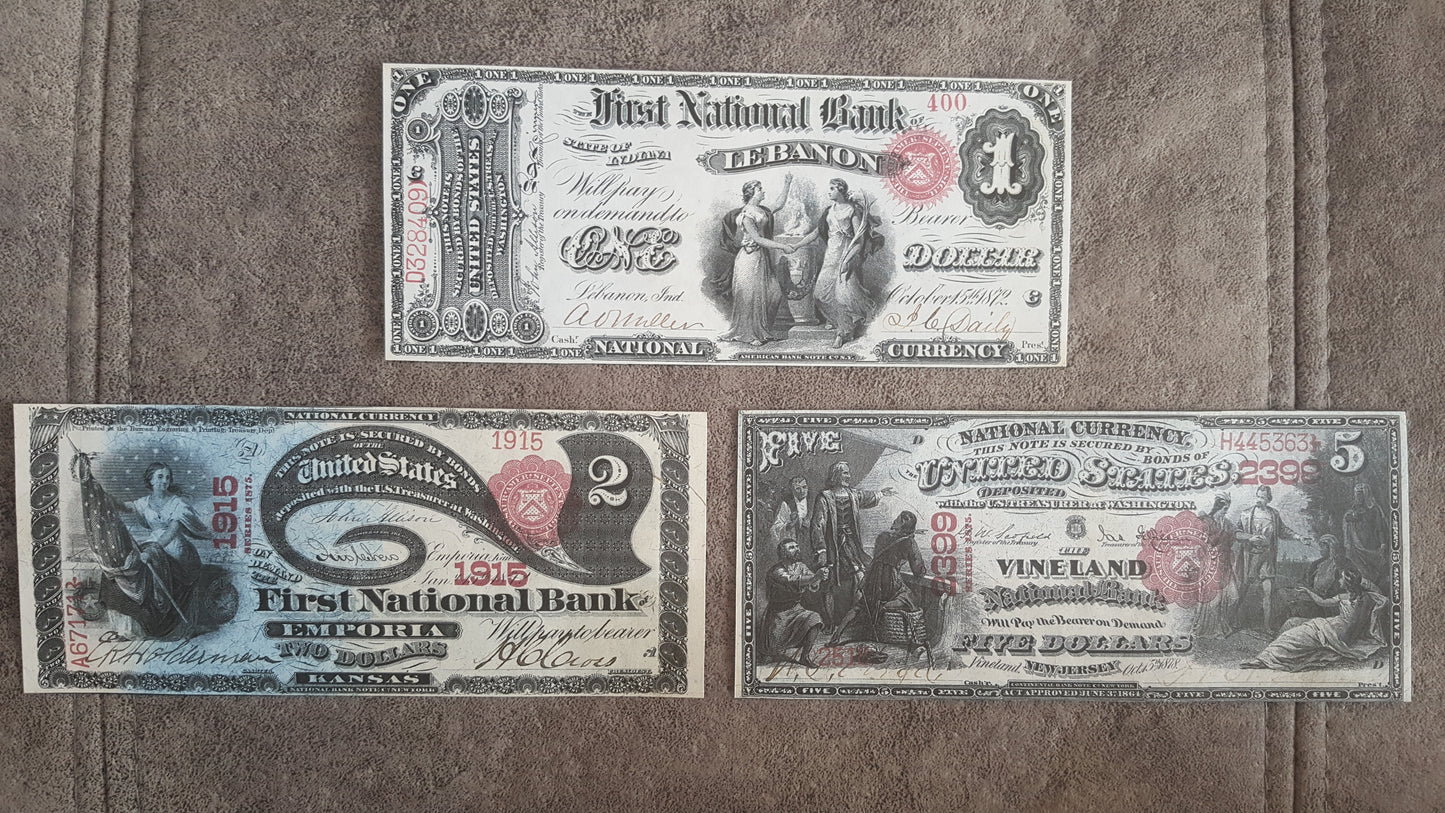 1 - 2 Dollar and 5 Dollar 1875 US National Banknotes