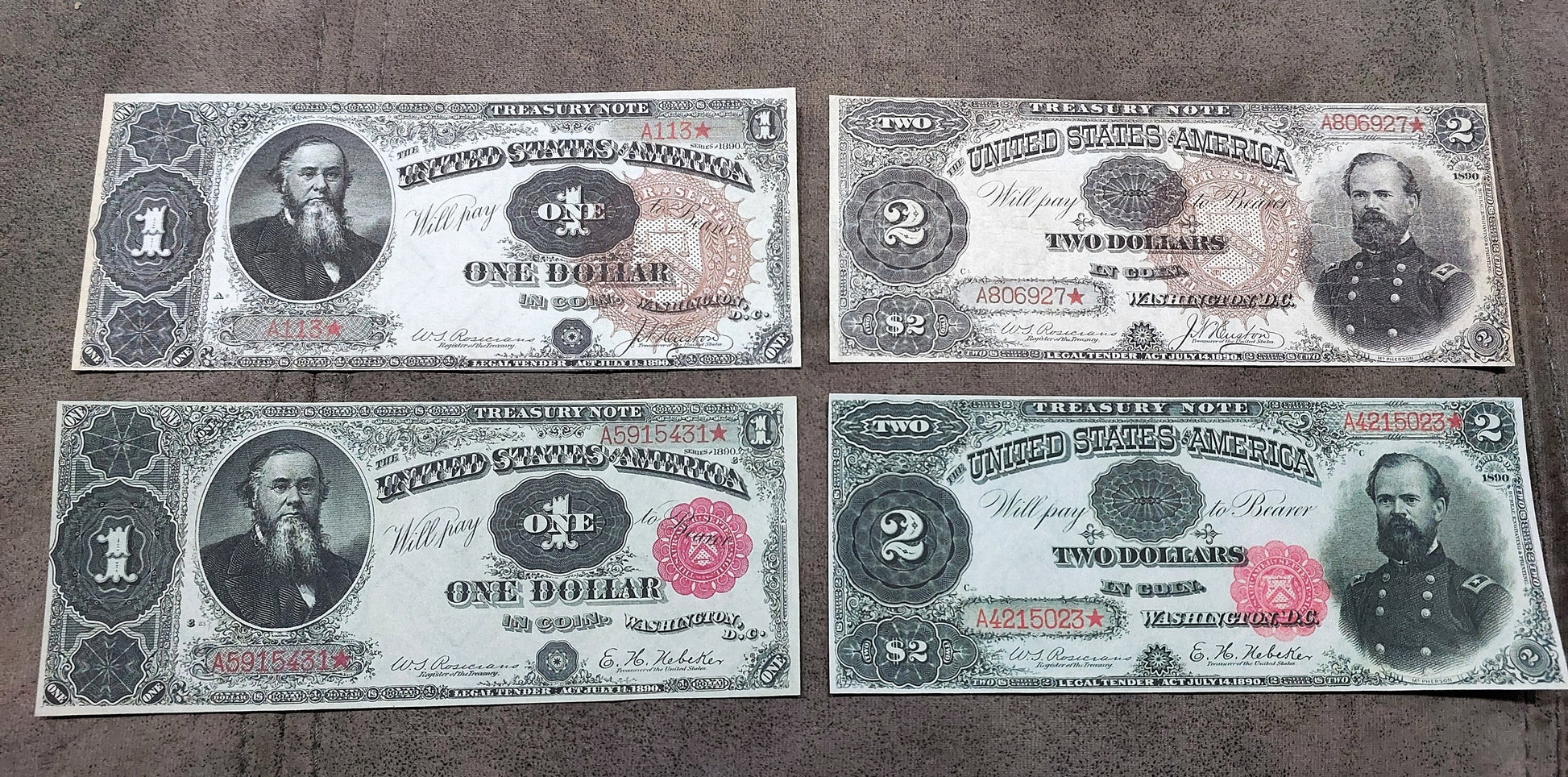 1 and 2 Dollar 1890 US Treasury Notes Big Brown Sun Seal and Small Red Flower Seal