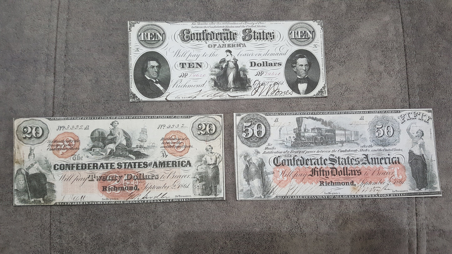 20 Dollar and 50 Dollar 1862 Confederate States Notes Red Detail