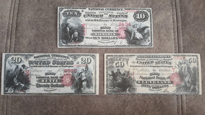 10 +20 Dollar and 50 Dollar 1875 US National Banknotes