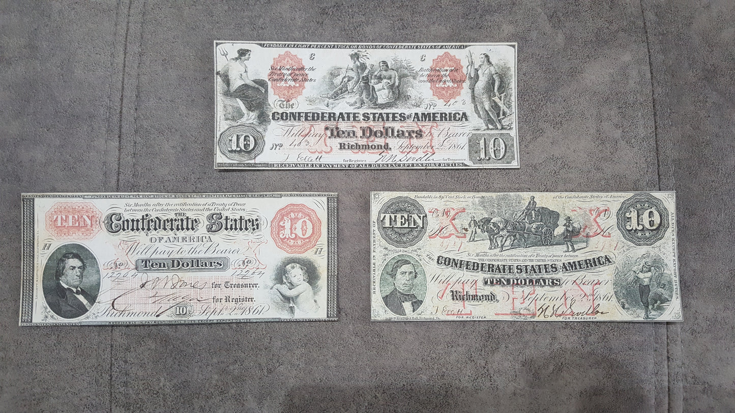10 Dollar 1861 and 1861-1862 Confederate States Notes Red Set