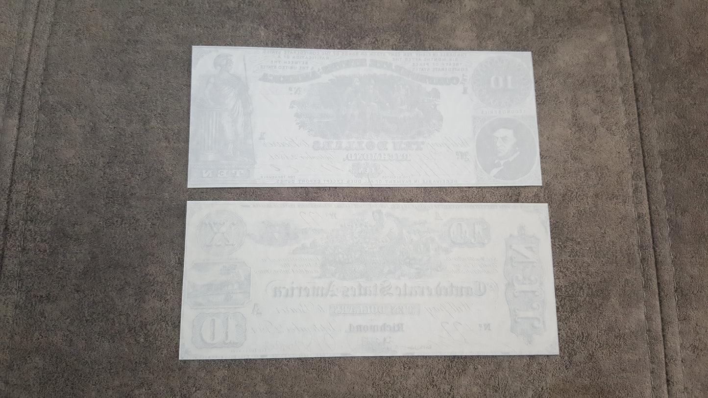 10 Dollar 1862 Confederate States Notes Reverse Side