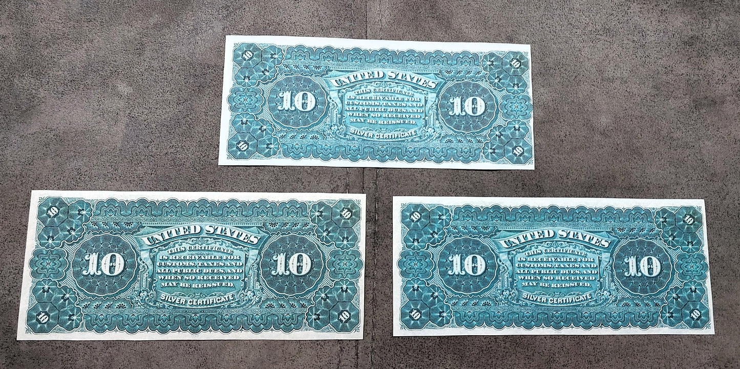 10 Dollar 1886 US Silver Certificate Big Brown, Big Red and Small Red Circle Seals back