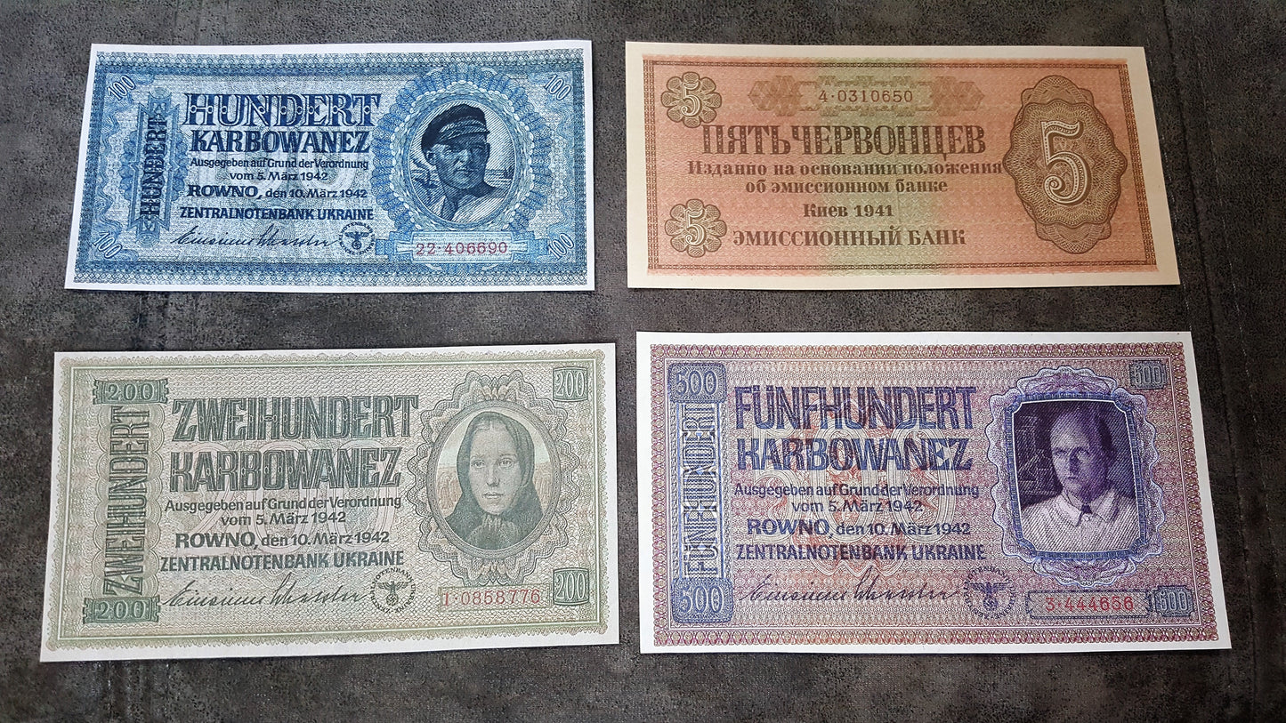 100 + 200 Karbovanetz and 500 Karbovanetz 1942 High Denomination Occupation Banknotes