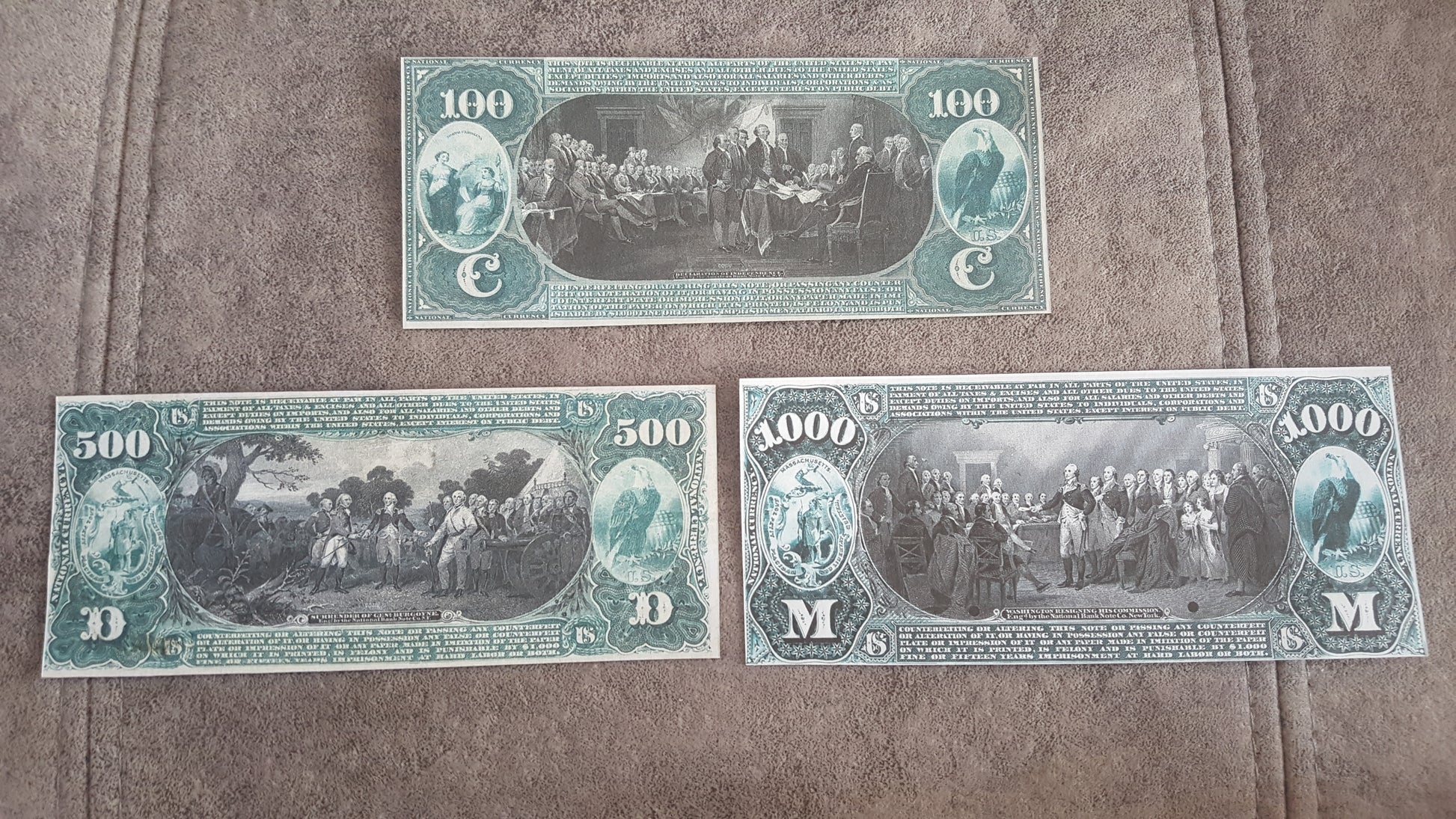 100 Dollar and 500 Dollar and 1000 1875 US National Banknotes Reverse Side