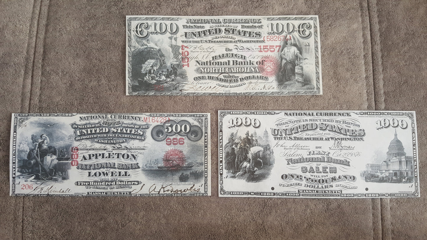 100 Dollar and 500 Dollar and 1000 1875 US National Banknotes