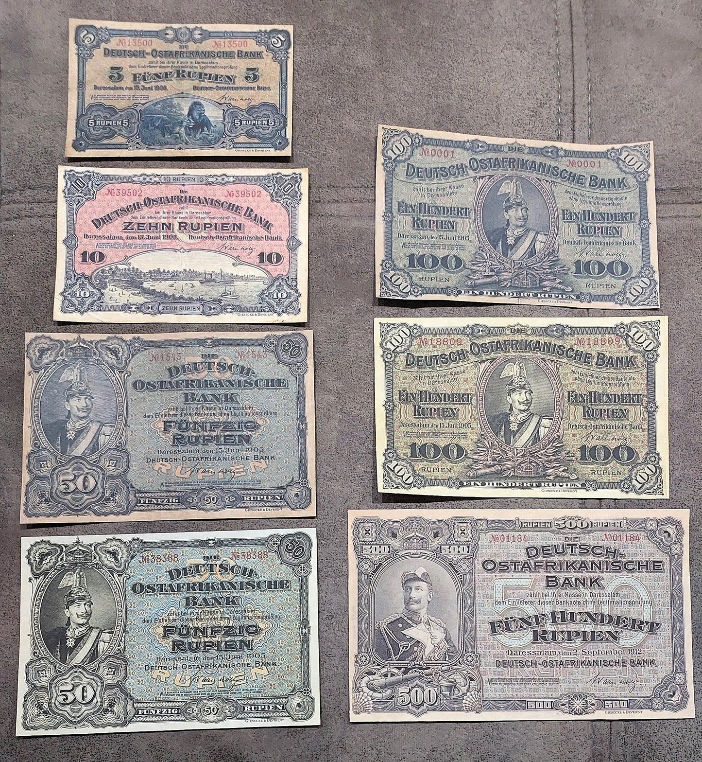 Reprint on paper with W/M German East Africa 5, 10, 50, 100, 500 Rupien 1905 NEW