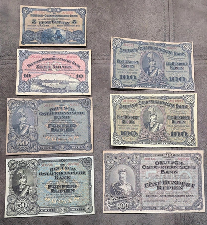 Réimpression sur papier avec filigrane Afrique Orientale Allemande 5, 10, 50, 100, 500 Rupies 1905 NOUVEAU
