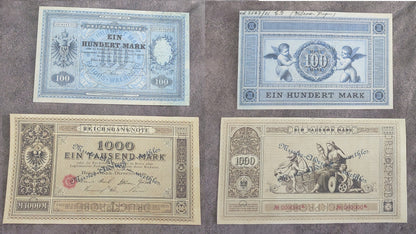 Reimpresión en papel con W/M Alemania 1874-1899. 5, 20, 50 y 100 marcos. ENVÍO GRATUITO.