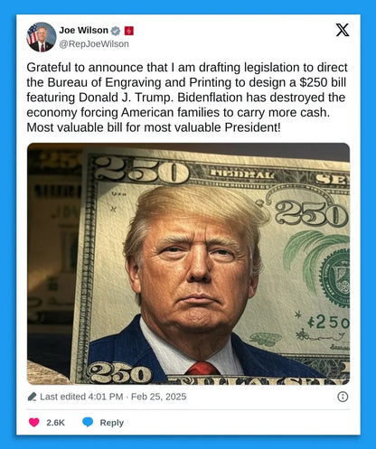 Souvenir 4 Billets États-Unis 250 Dollars 2025 avec Donald Trump LIVRAISON GRATUITE !