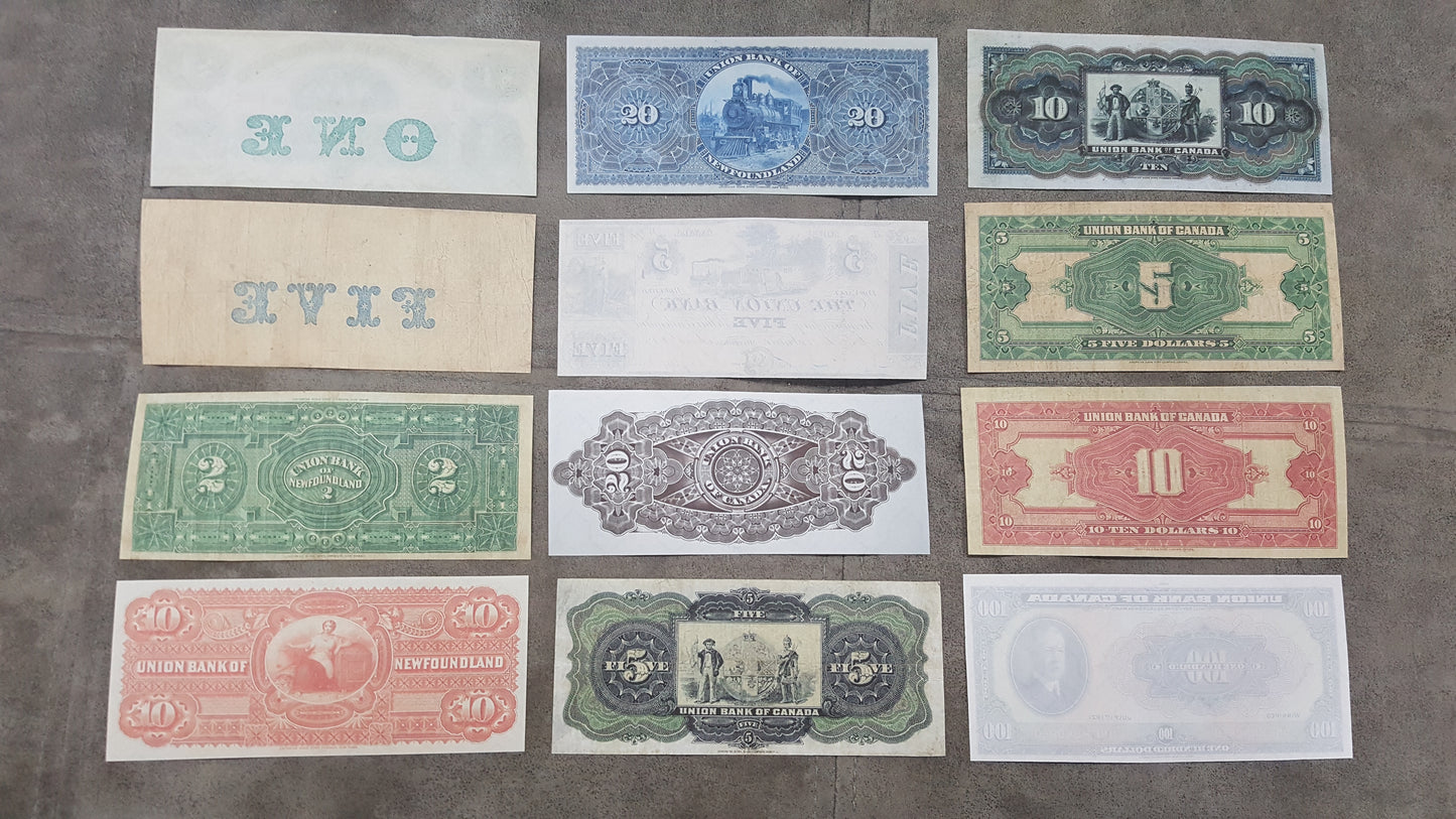 Historic Union Bank of Canada & Newfoundland Numismatic Notes Back Side Series