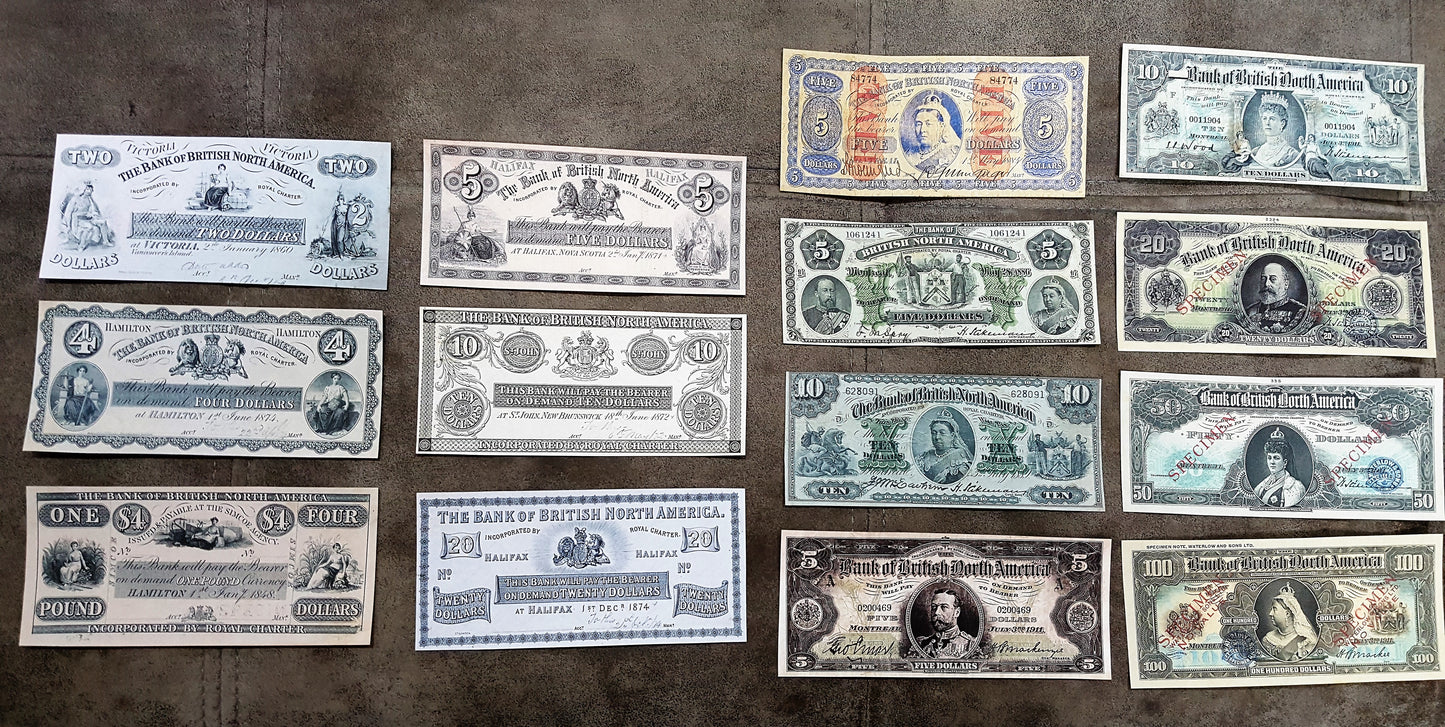 1848-1911 Canada Bank of British North America Numismatic Banknotes Set of 14 Bills