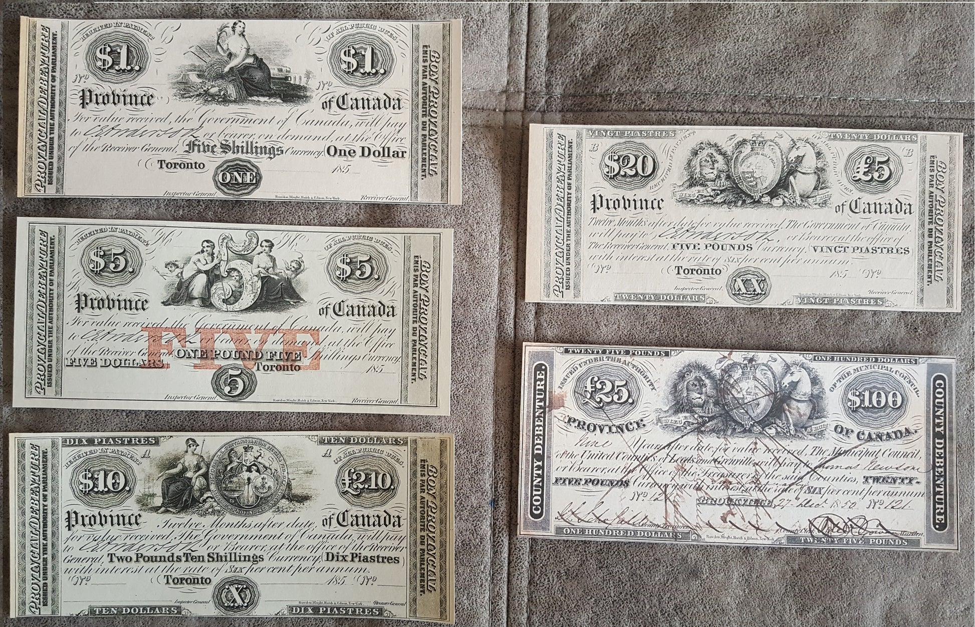 1850 Province of Canada Numismatic Currency Notes Set of 5 Bills