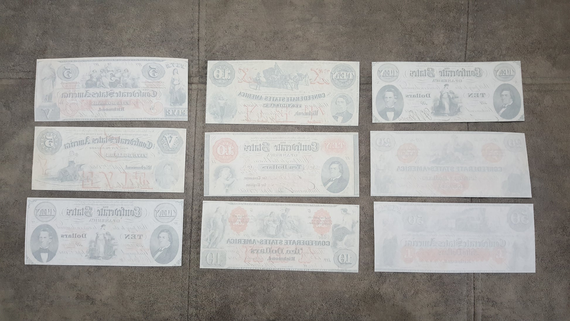 1861-1862 Confederate States Banknotes Red Set Reverse Side