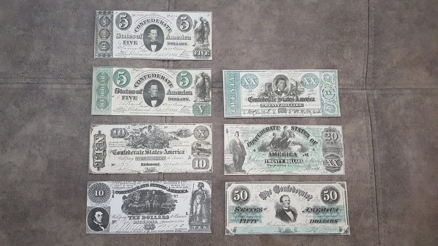 1861-1862 Confederate States Green Series Numismatic Currency Set of 7 Bills