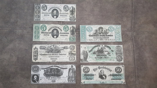 1861-1862 Confederate States Green Series Numismatic Currency Set of 7 Bills