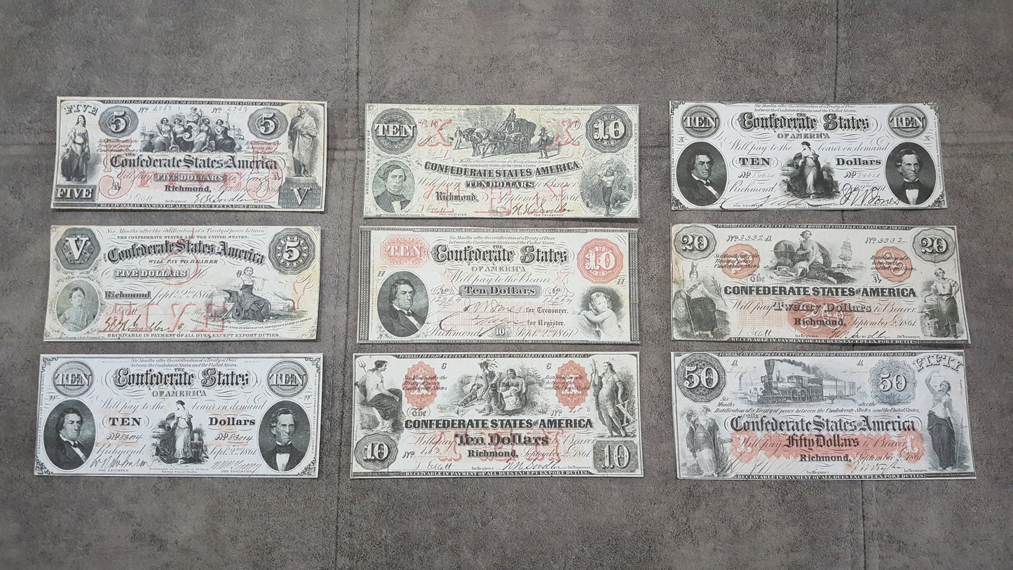 1861-1862 Confederate States Red Series Numismatic Currency Set of 9 Bills
