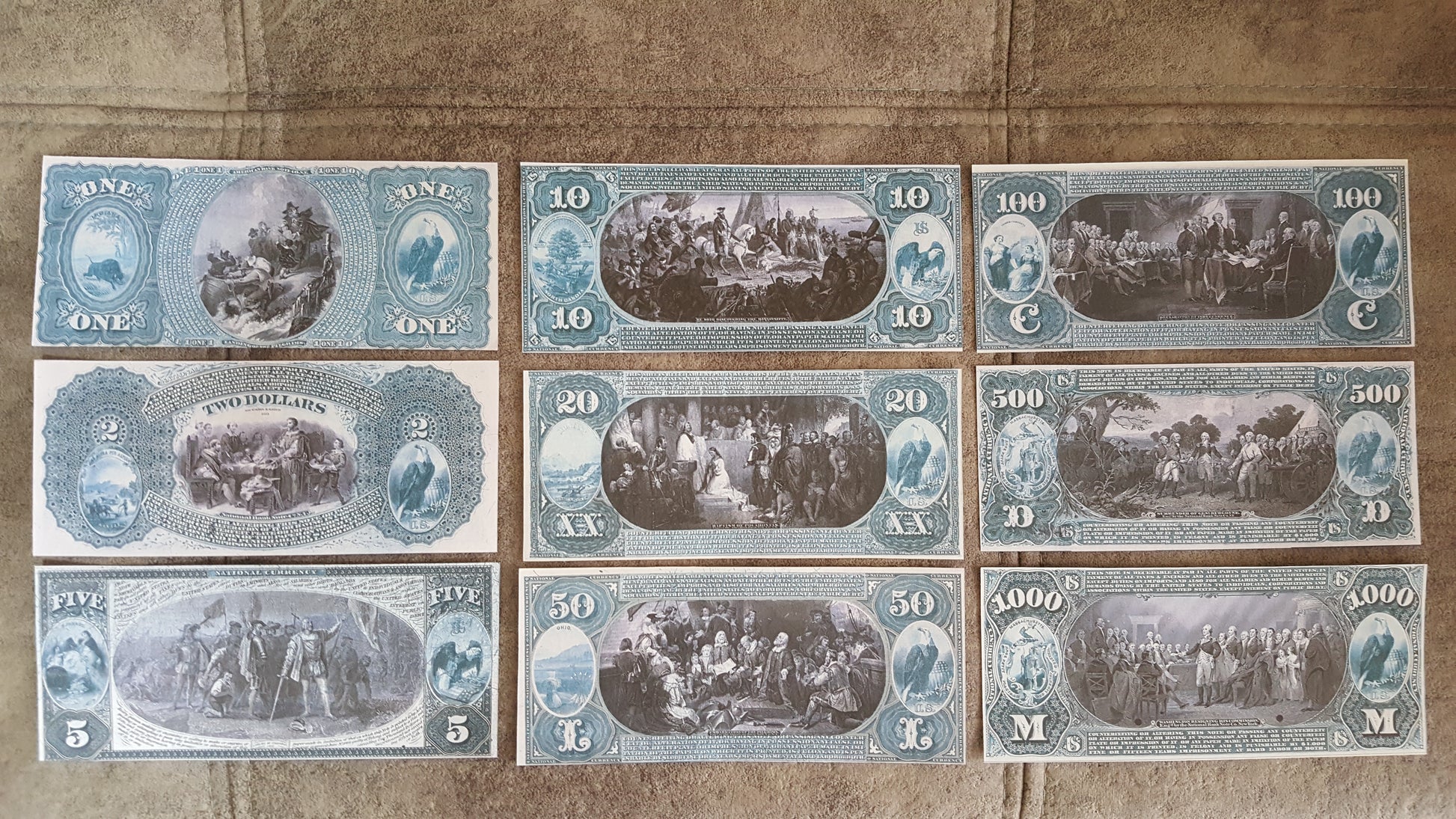 1875 US National Banknotes Set Detailed Reverse Side