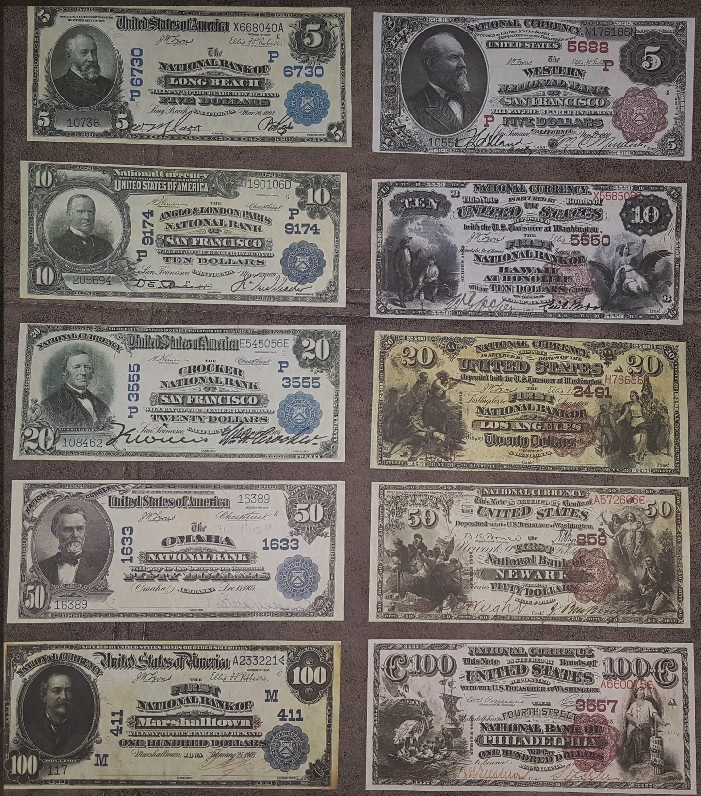 1882-1909 US National Bank Numismatic Notes Set of 10 Bills