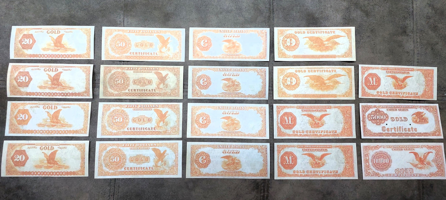 1882 US Gold Certificate Banknotes Set Orange Reverse Side