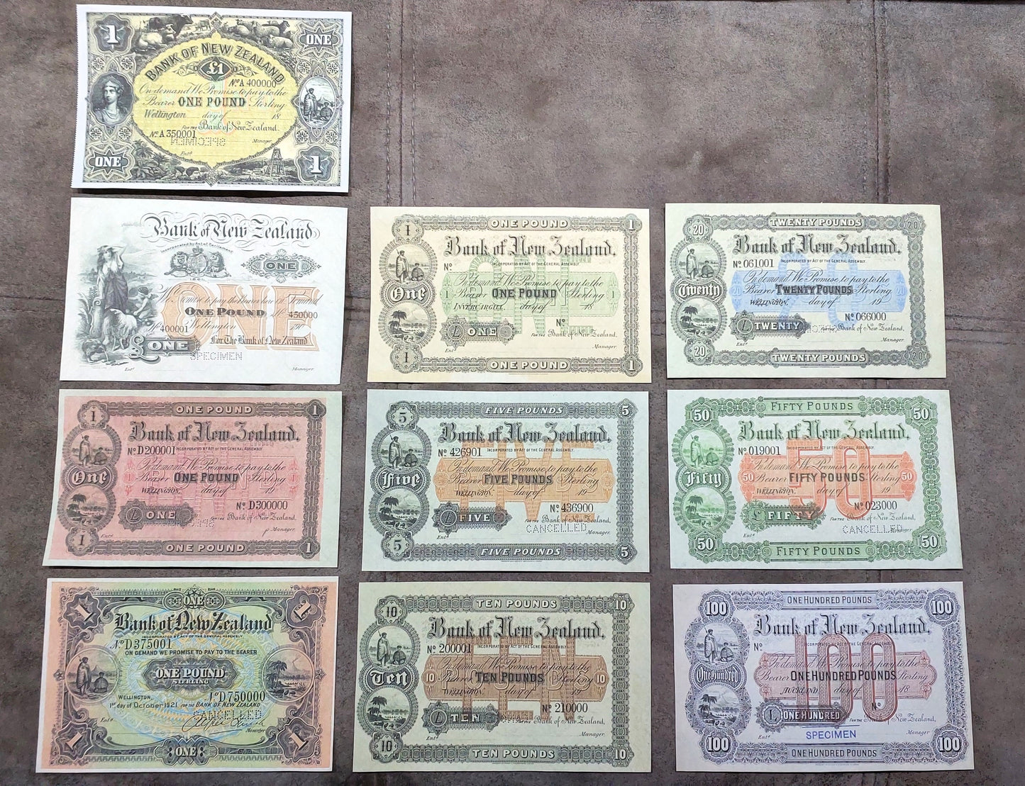 1890-1921 Bank of New Zealand Specimen Pound Banknotes Complete Collection Set H