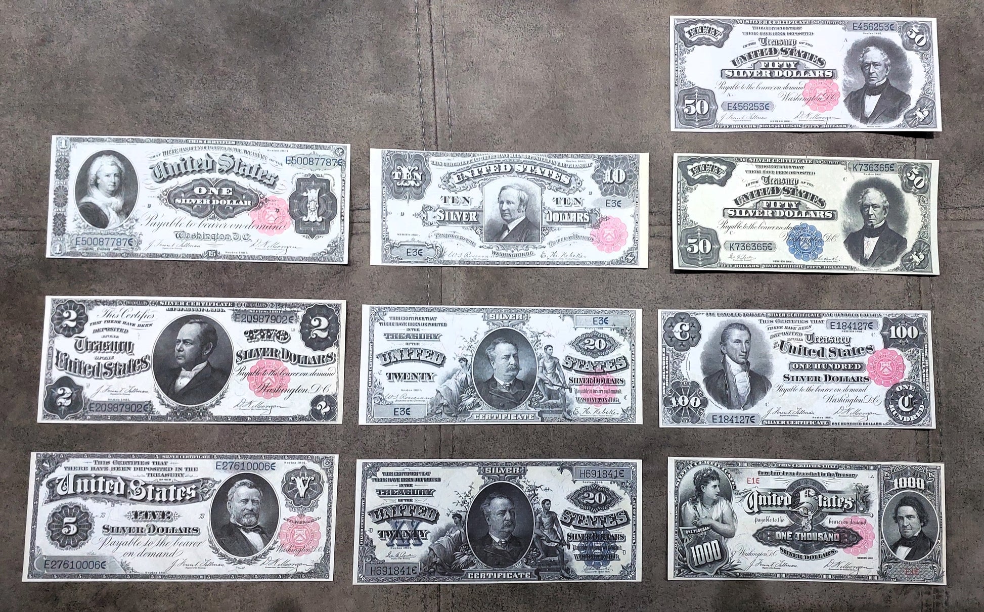 1891 US Silver Dollar Numismatic Treasury Notes Set of 10 Bills