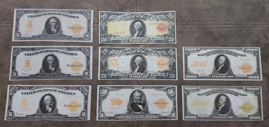 1905-1913 US Gold Certificate Large Size Numismatic Notes Set of 8 Bills