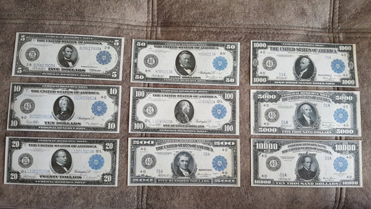 1914-1918 US Federal Reserve Blue Seal Numismatic Notes Set of 9 Bills