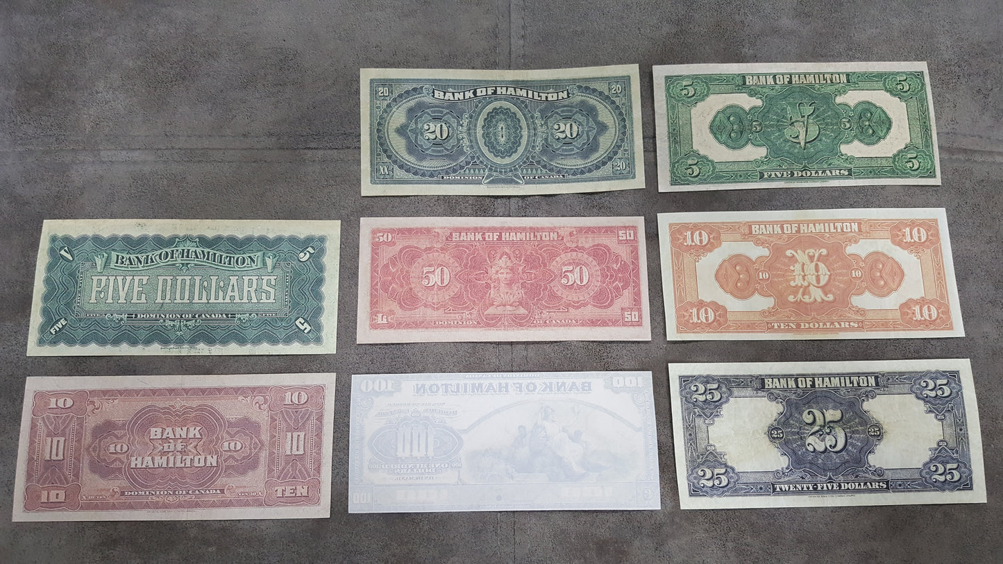 Historic 1914-1922 Canada Bank of Hamilton Banknotes Collection Reverse Side Series
