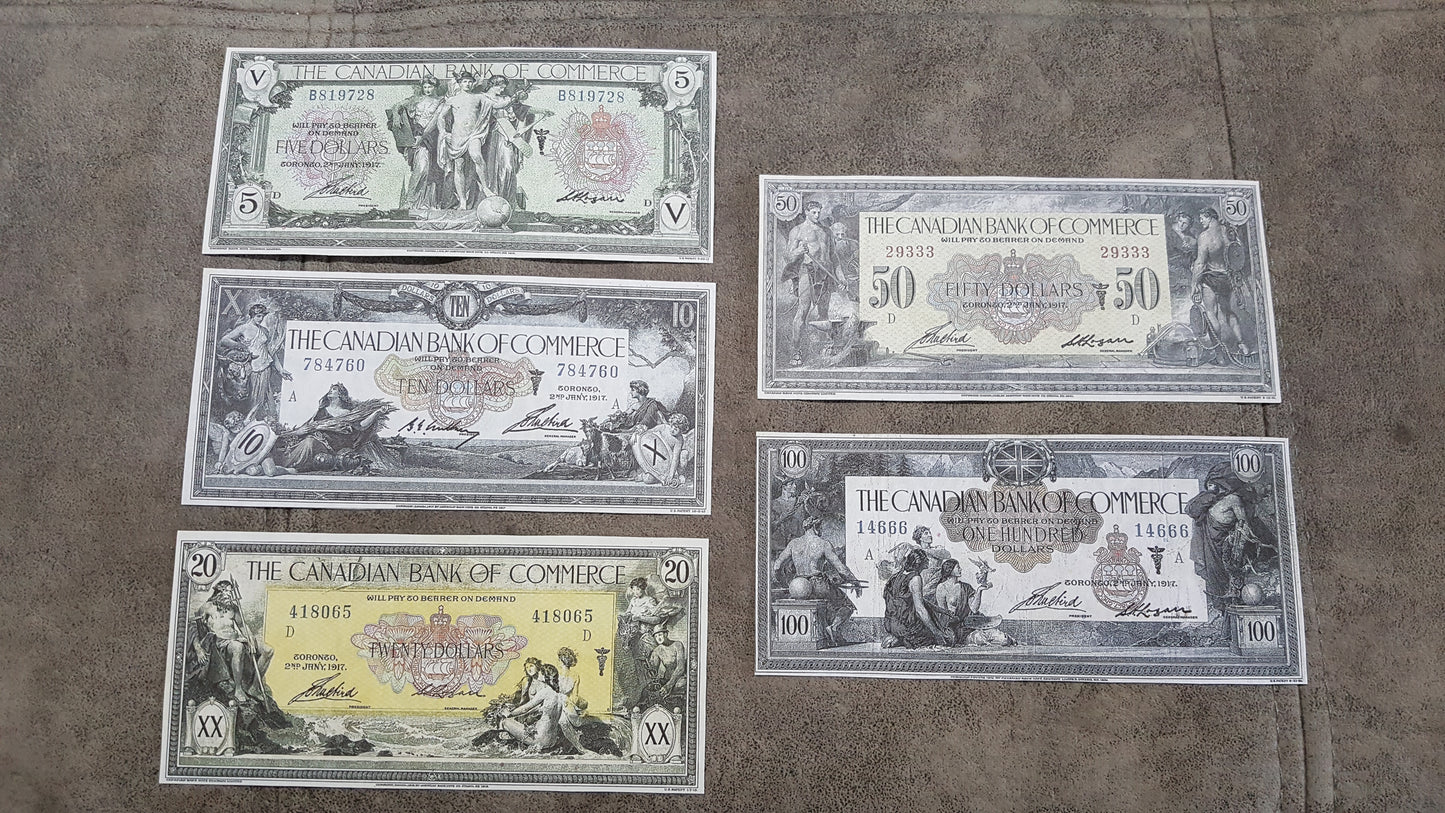 1917 Canadian Bank of Commerce Numismatic Banknotes Set of 5 Bills