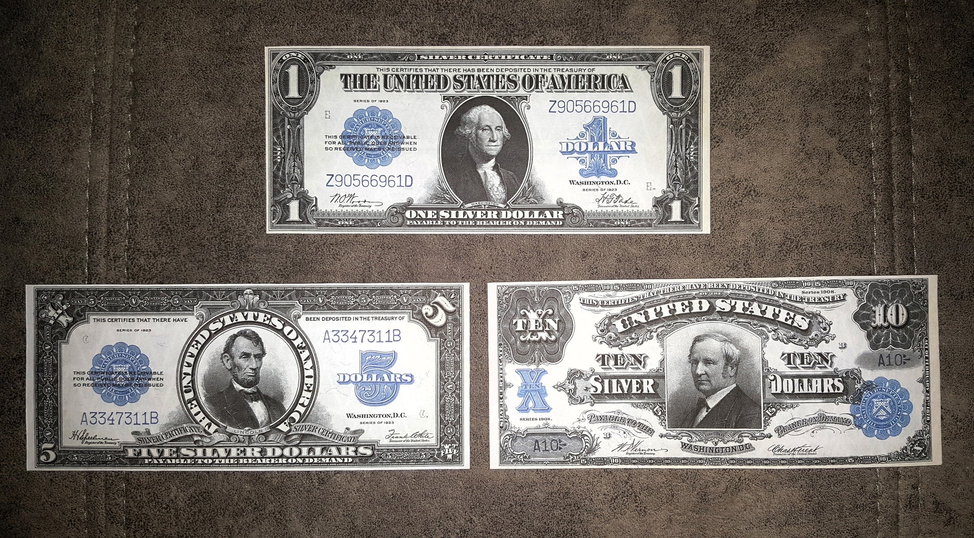 1923 US Silver Certificates 1, 5 and 10 Dollar Banknotes