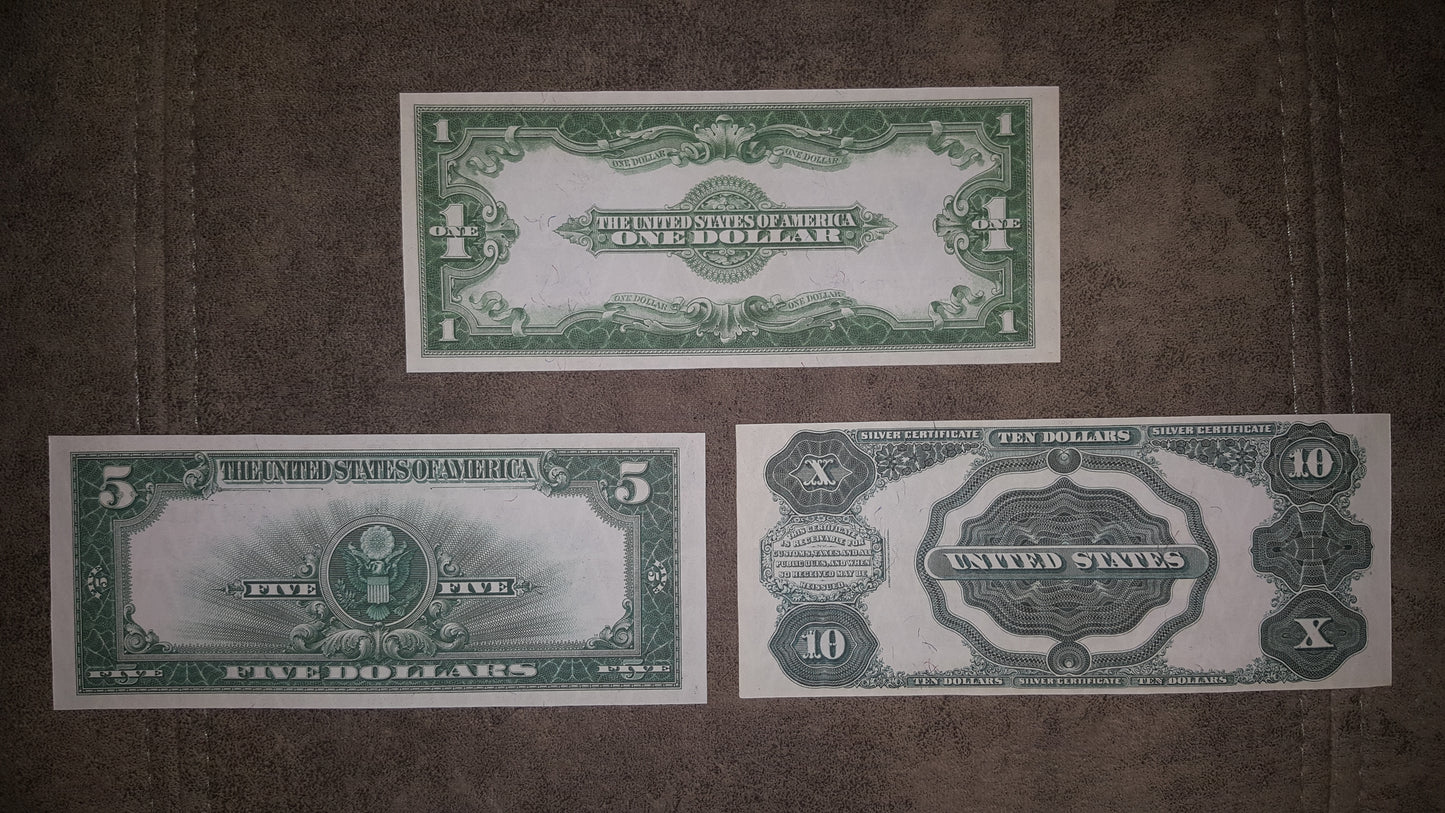 1923 US Silver Certificates 1, 5 and 10 Dollar Notes Reverse Side