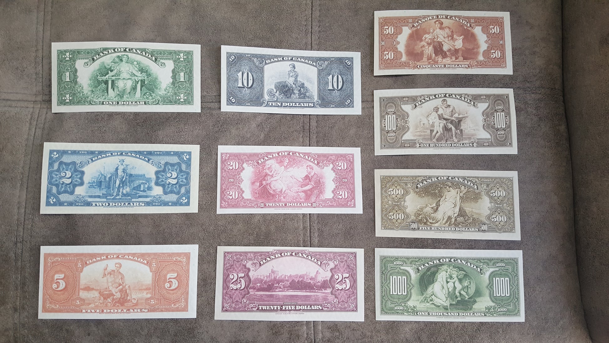 Historic 1935 Bank of Canada English Issue Banknotes Collection SET-A Reverse Side