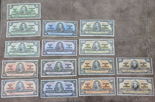1937 Bank of Canada King George VI Numismatic Banknotes Set B Varieties