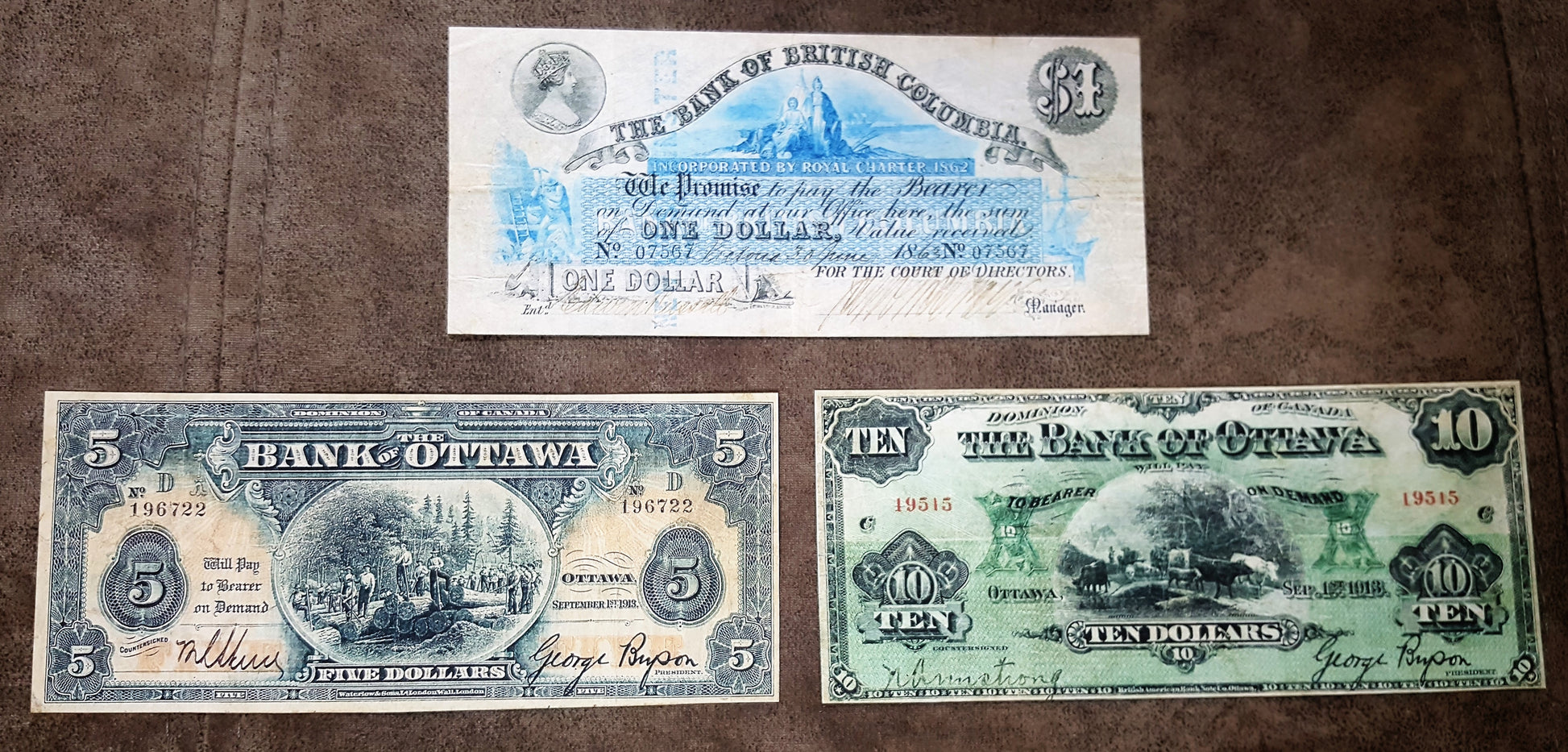 Bank Ottawa 5 ana 10 dollar  1913 1 dollar 1863 the bank of British Columbia