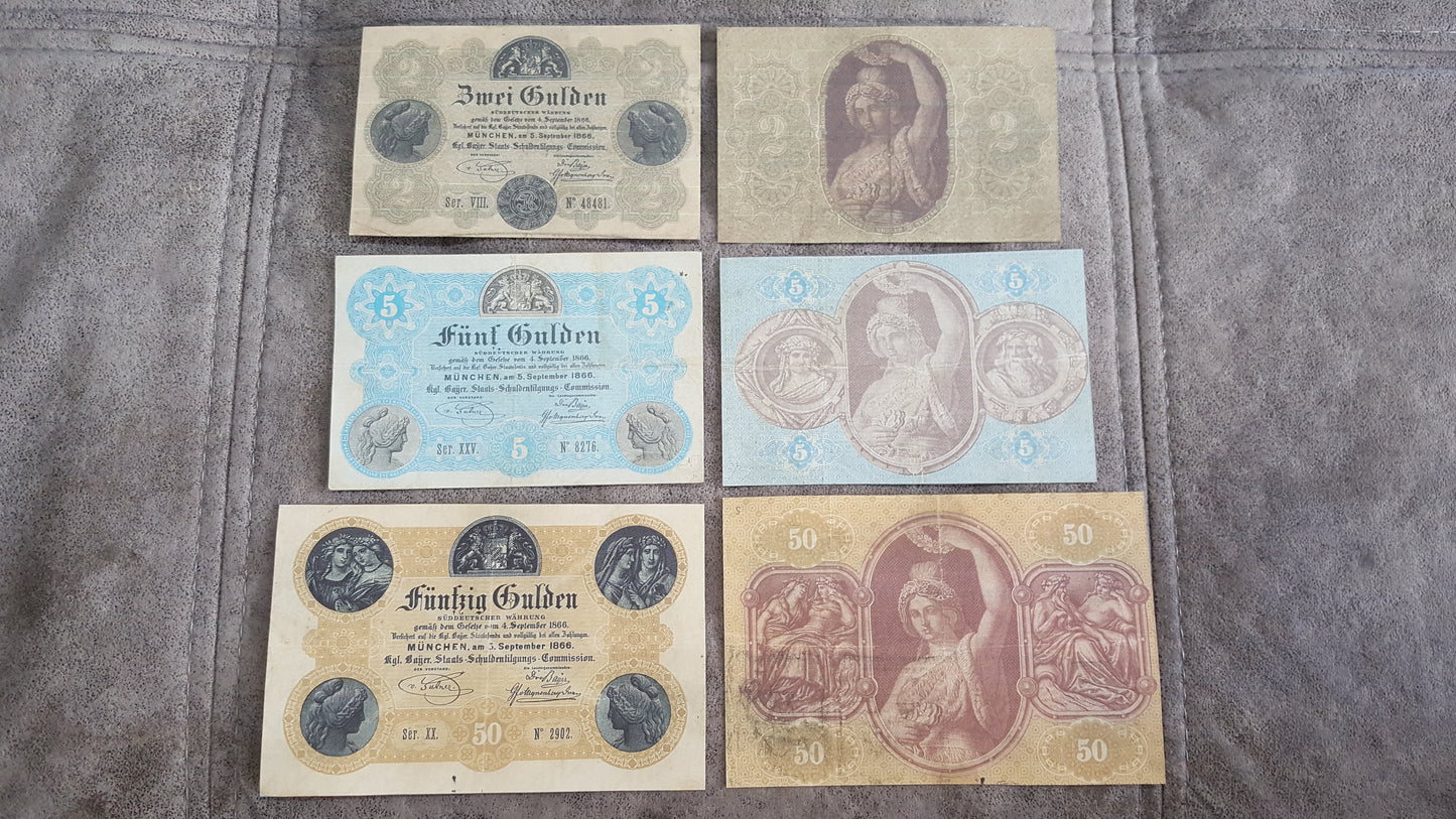 2 Gulden, 5 Gulden and 50 Gulden 1866 Old German States Banknotes