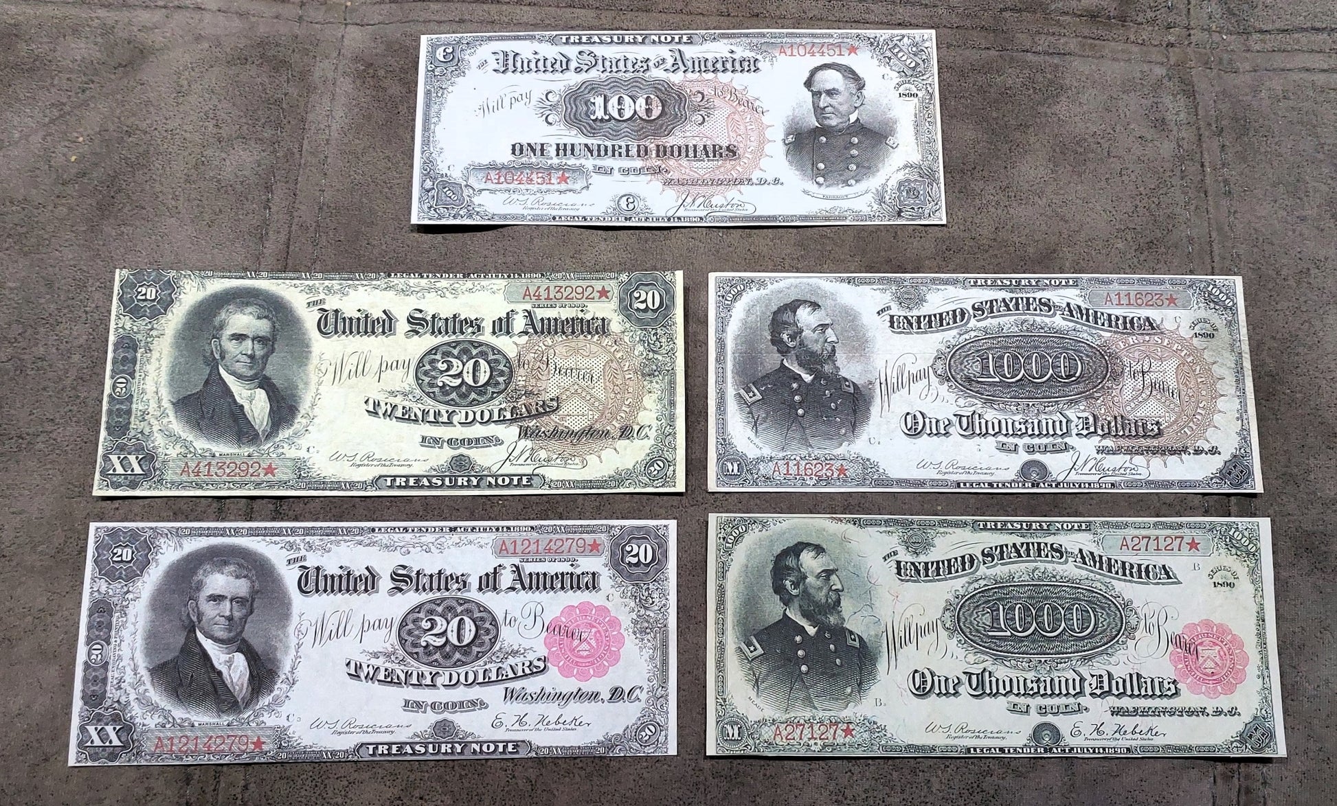20, 100 and 1000 Dollar 1890 US Treasury Notes Big Brown Sun Seal and Small Red Flower Seal