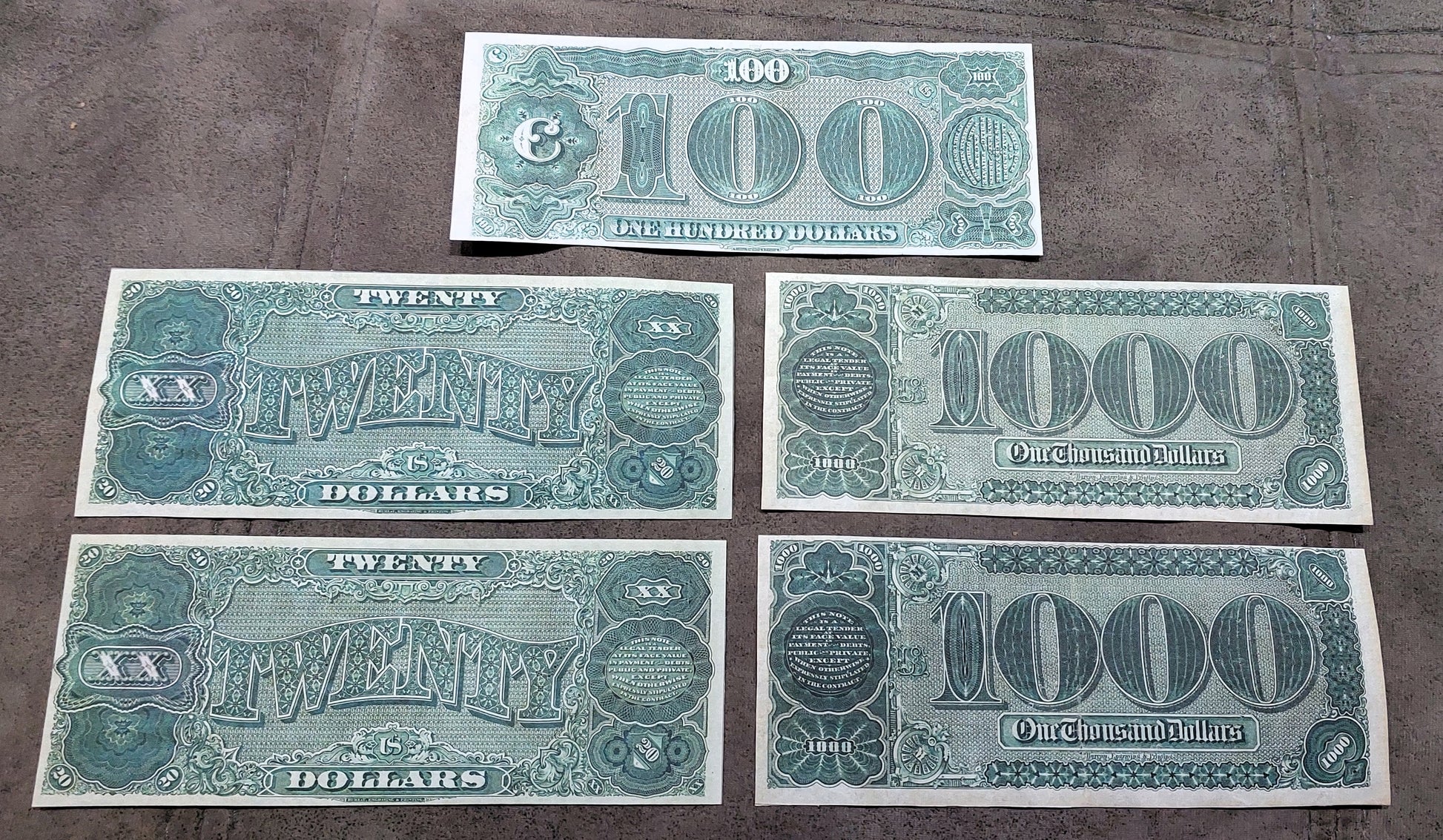 20, 100 and 1000 Dollar 1890 US Treasury Notes Reverse Side