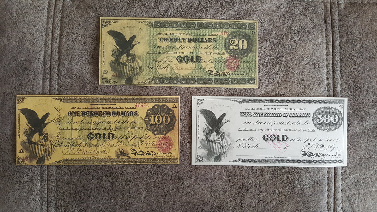 20 Dollar and 100 Dollar 1863 US Gold Certificates