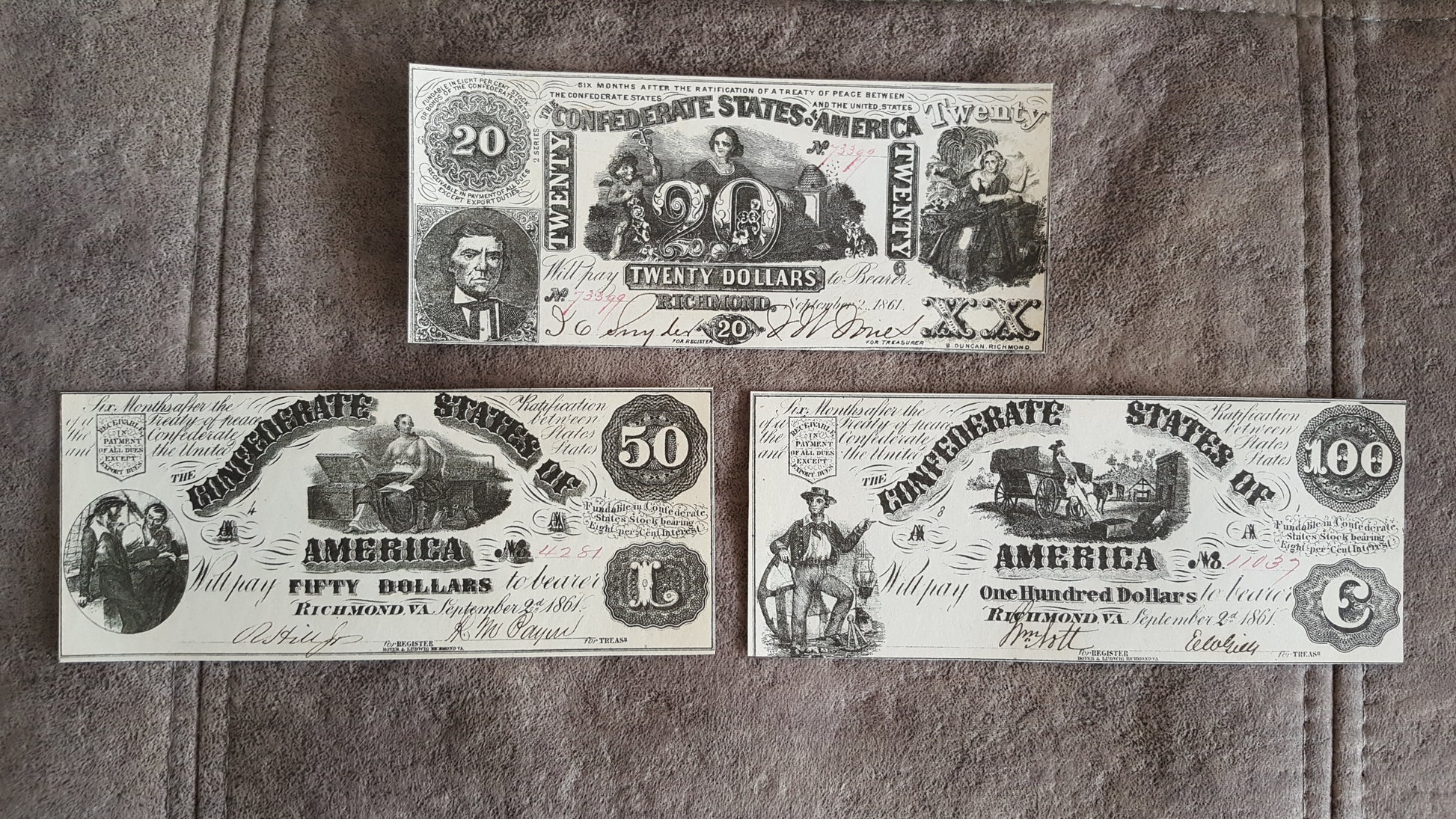 20 and 50 and 100 Dollar 1862 Confederate States Notes
