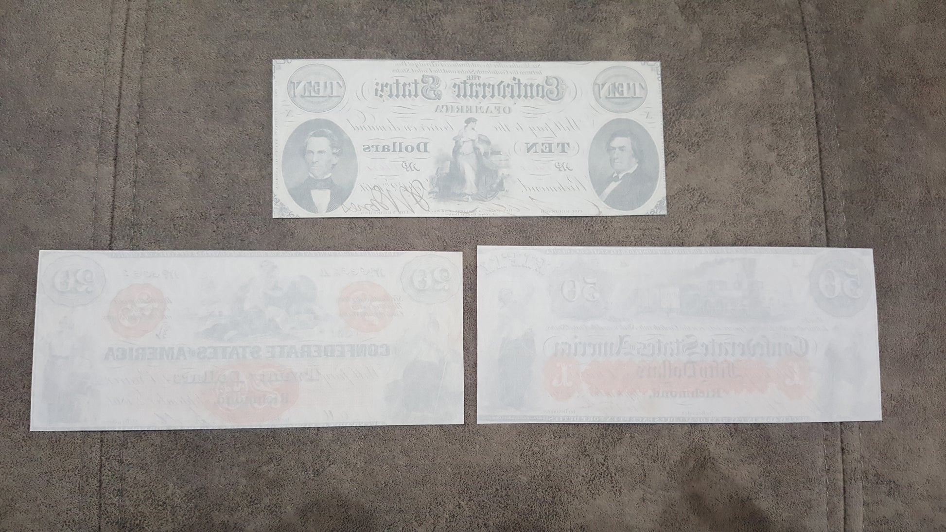 20 Dollar and 50 Dollar 1862 Confederate States Notes Red Detail-back