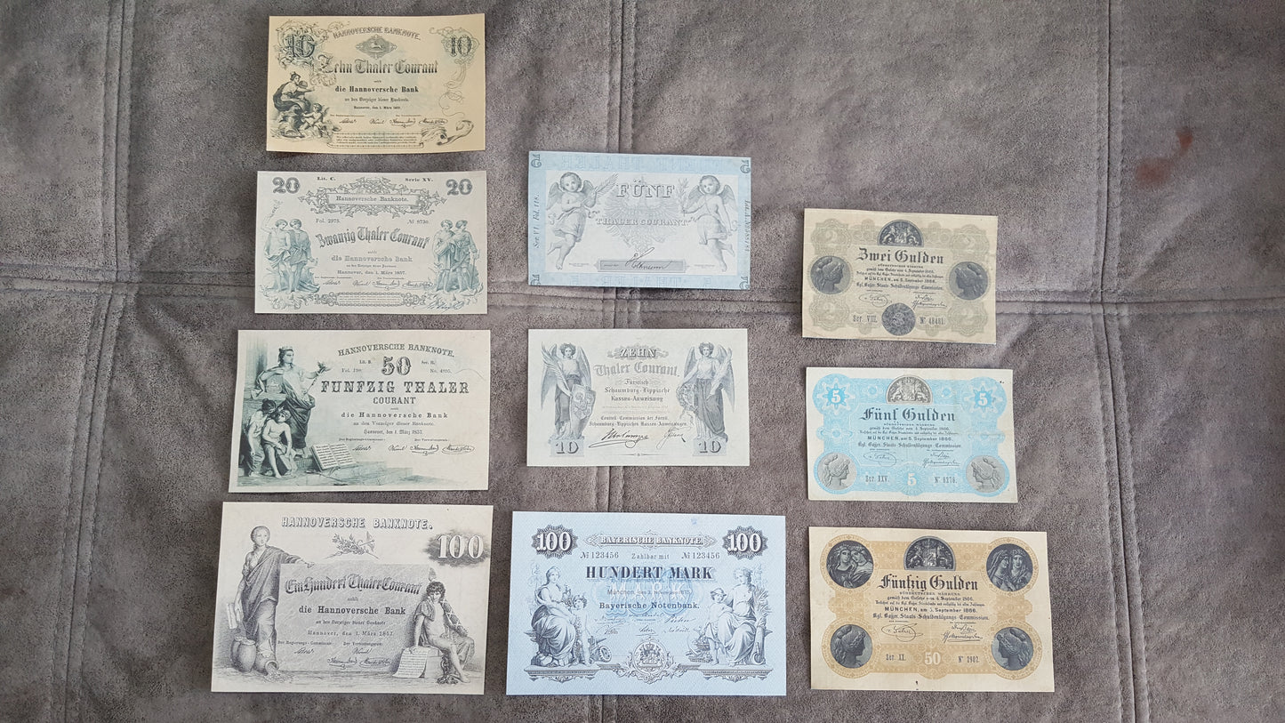 Reprint on paper with W/M Old German states the most beautiful notes Set-A 1856-1875