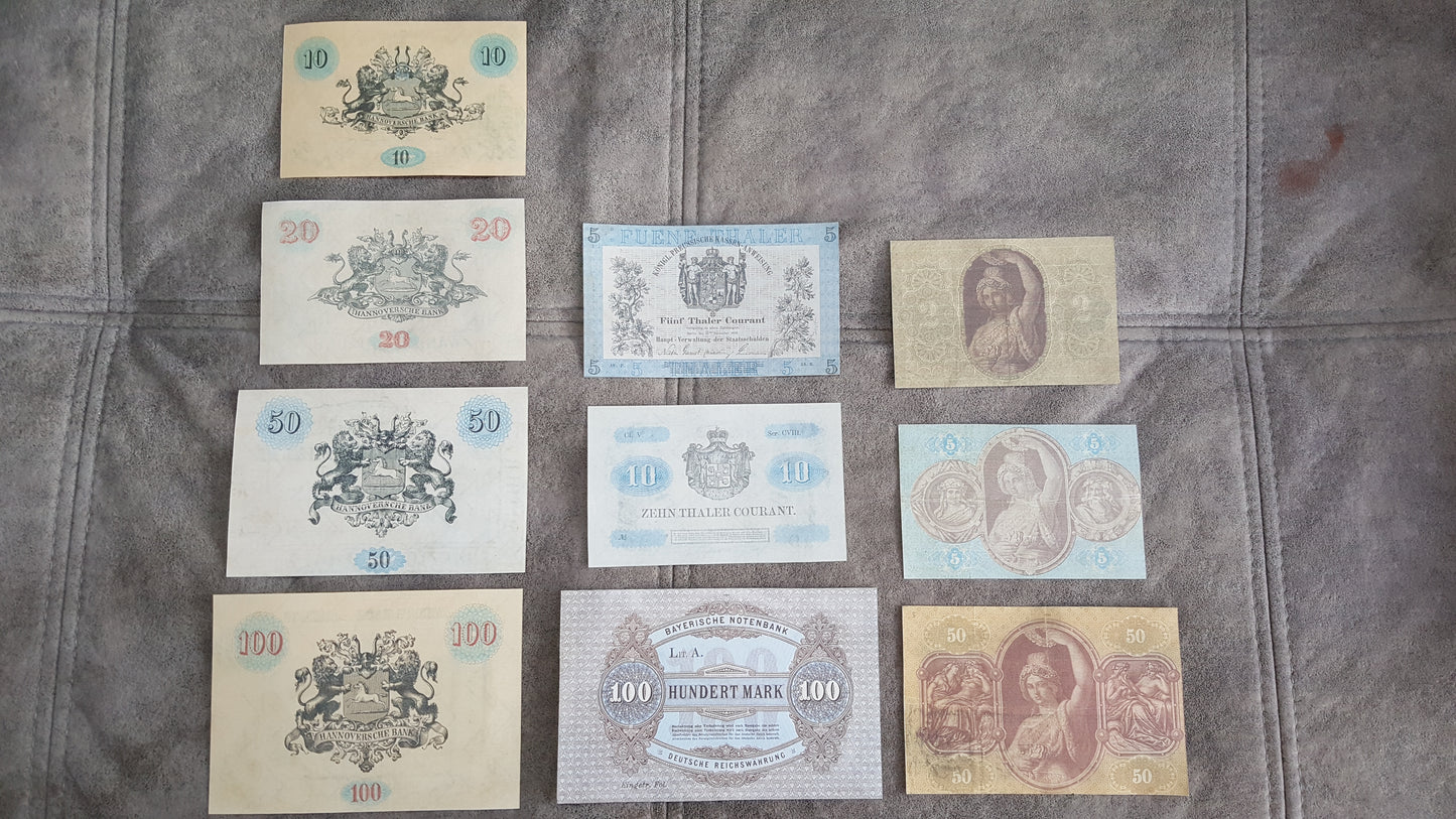 Reprint on paper with W/M Old German states the most beautiful notes Set-A 1856-1875