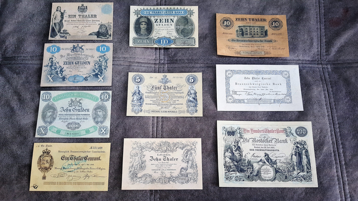 Reprint on paper with W/M Old German states the most beautiful notes Set-B 1854-1871