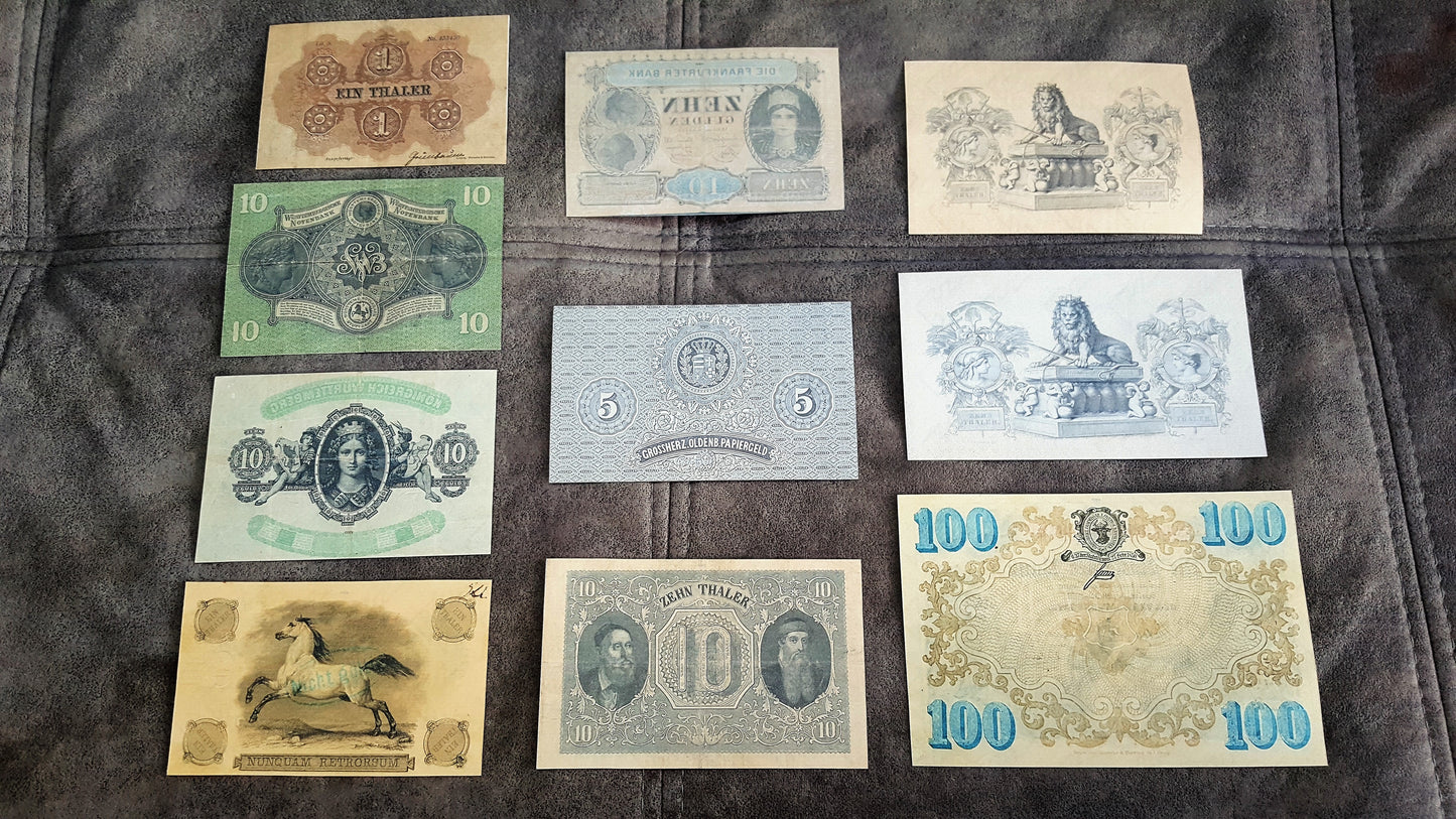 Reprint on paper with W/M Old German states the most beautiful notes Set-B 1854-1871