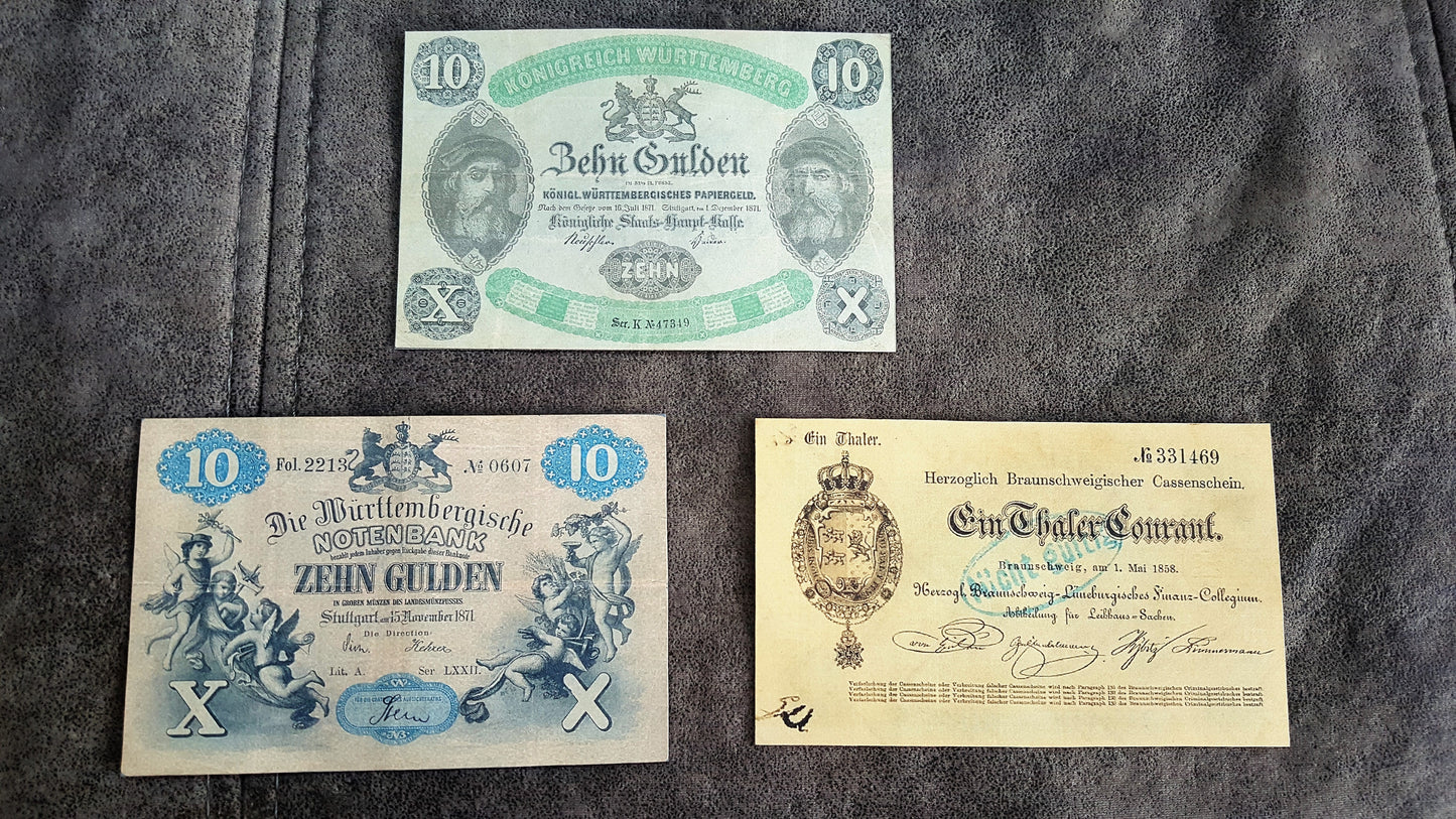 Reprint on paper with W/M Old German states the most beautiful notes Set-B 1854-1871