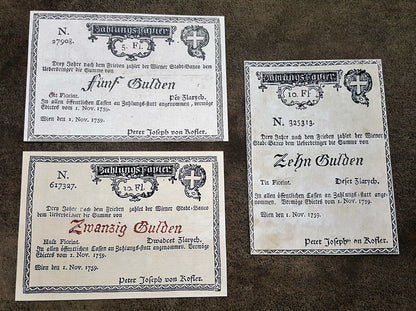 Réimpression sur papier avec filigrane Autriche Premiers billets de banque années 1759-1762. LIVRAISON GRATUITE