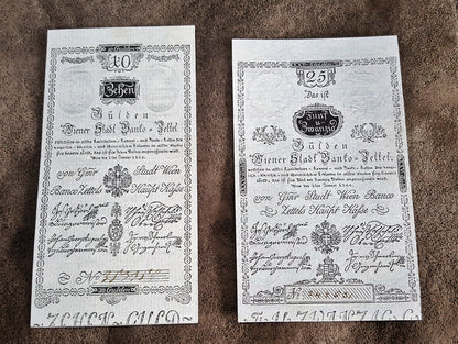 Réimpression sur papier avec filigrane Billets de banque autrichiens année 1800. LIVRAISON GRATUITE