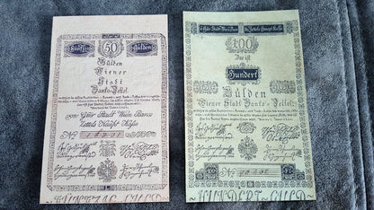 Réimpression sur papier avec filigrane Billets de banque autrichiens année 1800. LIVRAISON GRATUITE
